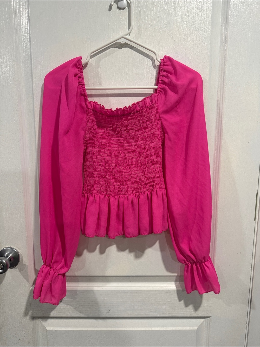 Women's Hot Pink Smocked Peplum Long-Sleeve Top